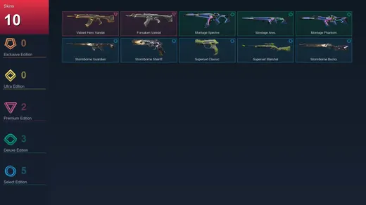 EU | Valiant Hero Vandal | Forsaken Vandal | Montage Spectre | Montage Ares | 10 Skin | 11 Agent | 12 Buddy | Lv31