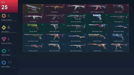 AP | Hieroscape Blades | Oni Phantom | Ion Vandal | Gaia's Vengeance Vandal | 25 Skin | 29 Agent | 66 Buddy | Lv143