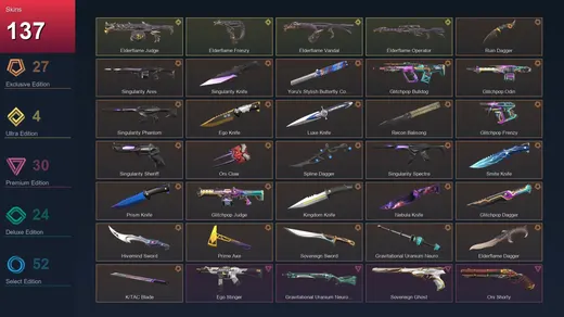 NA | Ruin Dagger | Singularity Ares | Singularity Knife | Yoru's Stylish Butterfly Comb | 137 Skin | 11 Agent | 77 Buddy | Lv106