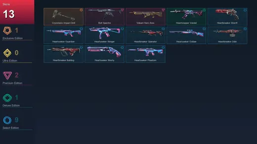 EU | Cryostasis Impact Drill | Bolt Spectre | Valiant Hero Ares | Heartstopper Vandal | 13 Skin | 12 Agent | 15 Buddy | Lv32