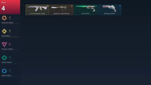 AP | Sentinels of Light Phantom | Evori Dreamwings Vandal | Comet Ghost | Retrowave Sheriff | 4 Skin | 17 Agent | 15 Buddy | Lv54