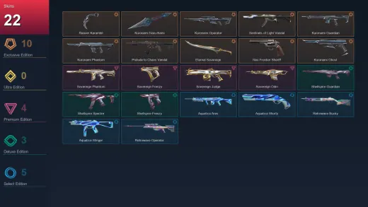EU | Reaver Karambit | Kuronami Naru-Kami | Kuronami Operator | Sentinels of Light Vandal | 22 Skin | 19 Agent | 33 Buddy | Lv60