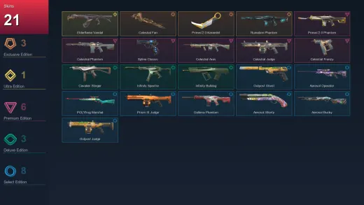 AP | Celestial Fan | Prime//2.0 Karambit | Ruination Phantom | Elderflame Vandal | 21 Skin | 14 Agent | 16 Buddy | Lv36