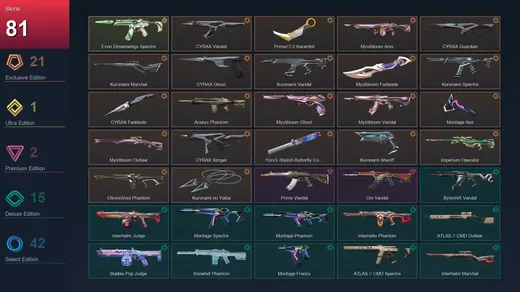 EU | CYRAX Vandal | Prime//2.0 Karambit | Mystbloom Ares | CYRAX Guardian | 81 Skin | 29 Agent | 108 Buddy | Lv116
