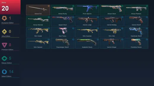 AP | Artisan Foil | Artisan Bucky | Prism Spectre | Artisan Ghost | 20 Skin | 19 Agent | 54 Buddy | Lv113