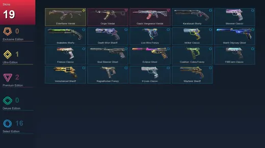 AP | Elderflame Vandal | Origin Vandal | Gaia's Vengeance Vandal | Karabasan Shorty | 19 Skin | 25 Agent | 72 Buddy | Lv234