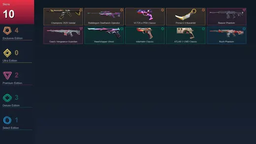 AP | Champions 2025 Vandal | Bubblegum Deathwish Operator | VCT25 x PRX Classic | Prime//2.0 Karambit | 10 Skin | 17 Agent | 19 Buddy | Lv58
