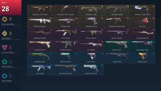 AP | Champions 2021 Vandal | Champions 2021 Karambit | Sentinels of Light Sheriff | Spectrum Phantom | 28 Skin | 24 Agent | 58 Buddy | Lv178