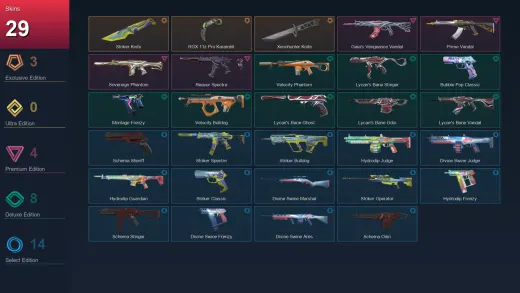 EU | Striker Knife | RGX 11z Pro Karambit | Xenohunter Knife | Gaia's Vengeance Vandal | 29 Skin | 29 Agent | 59 Buddy | Lv116