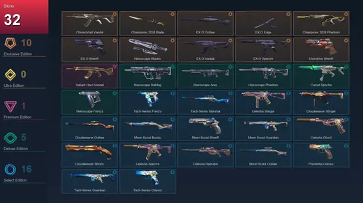 EU | ChronoVoid Vandal | Champions 2024 Blade | EX.O Outlaw | EX.O Edge | 32 Skin | 24 Agent | 48 Buddy | Lv96