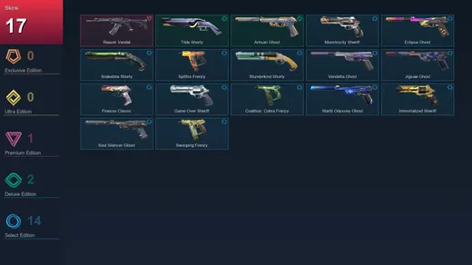 AP | Reaver Vandal | Tilde Shorty | Artisan Ghost | Monstrocity Sheriff | 17 Skin | 24 Agent | 64 Buddy | Lv210