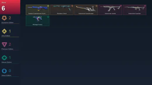 EU | Ruination Ghost | Solarstride Flamethrower | Radiant Entertainment System Phantom | 6 Skin | 20 Agent | 16 Buddy | Lv76 — Valorant account