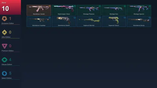 EU | Mystbloom Vandal | Heartstopper Ghost | Montage Phantom | Montage Ares | 10 Skin | 14 Agent | 18 Buddy | Lv54