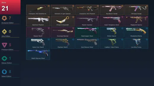 AP | Champions 2022 Butterfly Knife | Sentinels of Light Operator | Champions 2022 Phantom | Mystbloom Vandal | 21 Skin | 23 Agent | 58 Buddy | Lv136