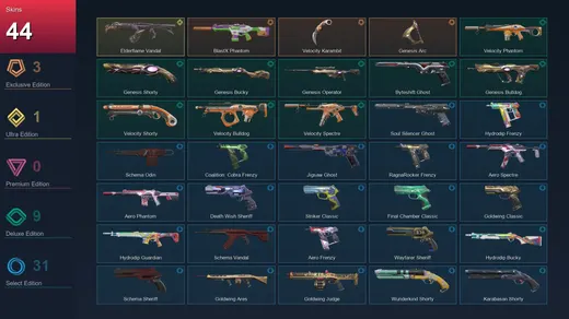 AP | BlastX Phantom | Velocity Karambit | Genesis Arc | Elderflame Vandal | 44 Skin | 29 Agent | 111 Buddy | Lv224