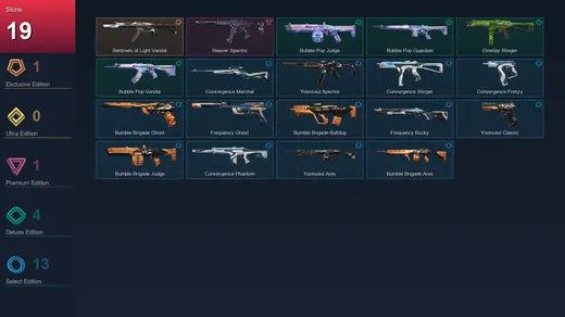 EU | Sentinels of Light Vandal | Reaver Spectre | Bubble Pop Judge | Bubble Pop Guardian | 19 Skin | 11 Agent | 17 Buddy | Lv25