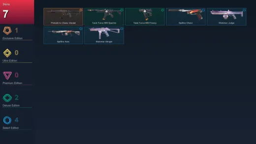 EU | Prelude to Chaos Vandal | Task Force 809 Spectre | Task Force 809 Frenzy | Spitfire Ghost | 7 Skin | 10 Agent | 12 Buddy | Lv29