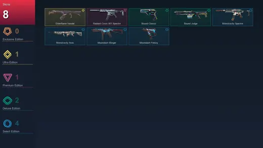 NA | Elderflame Vandal | Radiant Crisis 001 Spectre | Bound Classic | Bound Judge | 8 Skin | 8 Agent | 8 Buddy | Lv21