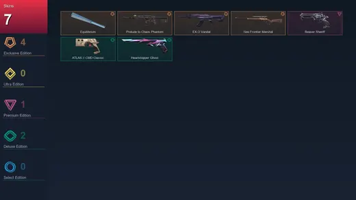AP | Equilibrium | Prelude to Chaos Phantom | EX.O Vandal | Neo Frontier Marshal | 7 Skin | 20 Agent | 17 Buddy | Lv57 — Valorant account