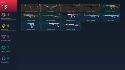 EU | Champions 2025 Vandal | Helix Daggers | Ayakashi Ghost | Ayakashi Phantom | 13 Skin | 10 Agent | 11 Buddy | Lv24