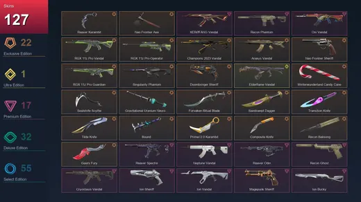 EU | Reaver Karambit | Neo Frontier Axe | RGX 11z Pro Vandal | RGX 11z Pro Operator | 127 Skin | 26 Agent | 118 Buddy | Lv228 — Valorant account