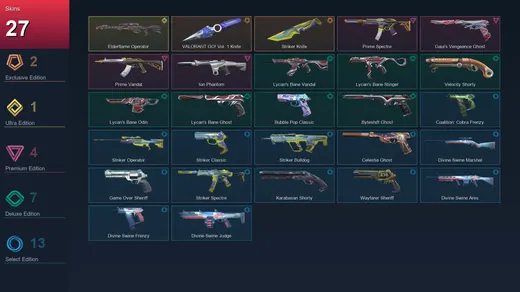 AP | VALORANT GO! Vol. 1 Knife | Striker Knife | Elderflame Operator | Prime Spectre | 27 Skin | 27 Agent | 79 Buddy | Lv182