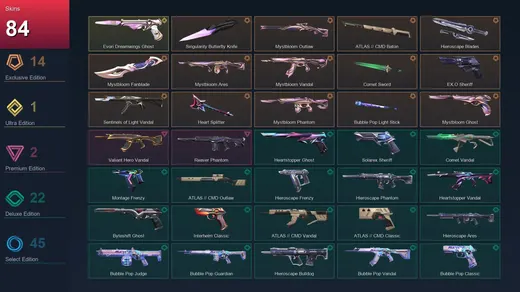 AP | Singularity Butterfly Knife | Mystbloom Outlaw | ATLAS // CMD Baton | Hieroscape Blades | 84 Skin | 29 Agent | 110 Buddy | Lv217