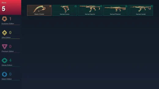 NA | Blade of Serket | Sarmad Frenzy | Sarmad Spectre | Sarmad Phantom | 5 Skin | 7 Agent | 1 Buddy | Lv8