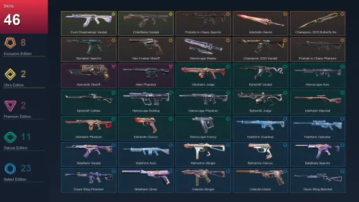 AP | Prelude to Chaos Spectre | Interhelm Sword | Champions 2025 Butterfly Knife | Ruination Spectre | 46 Skin | 28 Agent | 53 Buddy | Lv106