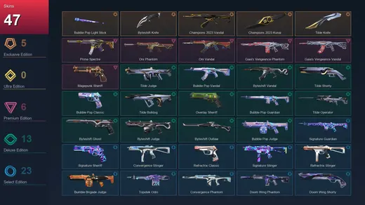 AP | Bubble Pop Light Stick | Byteshift Knife | Champions 2023 Vandal | Champions 2023 Kunai | 47 Skin | 28 Agent | 68 Buddy | Lv109