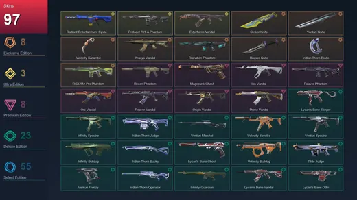 EU | Striker Knife | Venturi Knife | Velocity Karambit | Araxys Vandal | 97 Skin | 28 Agent | 122 Buddy | Platinum I | Lv223