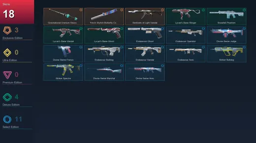 NA | Gravitational Uranium Neuroblaster Baton | Yoru's Stylish Butterfly Comb | Sentinels of Light Vandal | 18 Skin | 16 Agent | 8 Buddy | Lv25