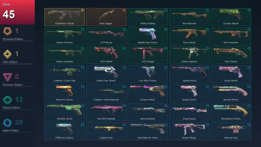 NA | Ruin Dagger | Elderflame Vandal | Infinity Bulldog | Ruin Marshal | 45 Skin | 27 Agent | 99 Buddy | Lv221