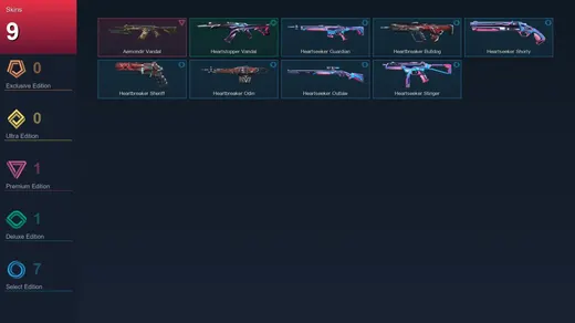 EU | Aemondir Vandal | Heartstopper Vandal | Heartseeker Guardian | Heartbreaker Bulldog | 9 Skin | 13 Agent | 15 Buddy | Lv38