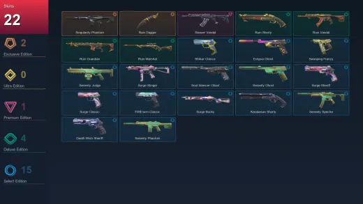 AP | Singularity Phantom | Ruin Dagger | Reaver Vandal | Ruin Shorty | 22 Skin | 23 Agent | 65 Buddy | Lv119