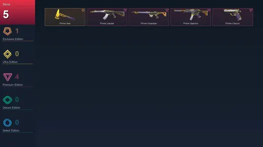 NA | Prime Axe | Prime Vandal | Prime Guardian | Prime Spectre | 5 Skin | 5 Agent | 2 Buddy | Lv1