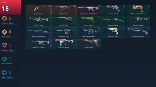 EU | Byteshift Knife | CYRAX Vandal | Radiant Crisis 001 Phantom | Solarex Sheriff | 18 Skin | 19 Agent | 53 Buddy | Lv112 — Valorant account