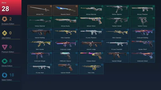 EU | Artisan Foil | Reverie Sword | Artisan Marshal | Venturi Spectre | 28 Skin | 20 Agent | 46 Buddy | Lv104 — Valorant account