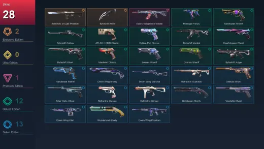 LA | Sentinels of Light Phantom | Byteshift Knife | Gaia's Vengeance Vandal | Montage Frenzy | 28 Skin | 29 Agent | 107 Buddy | Lv266