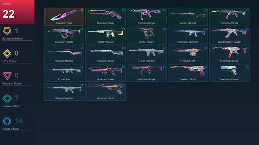EU | Transition Knife | Transition Shorty | Transition Stinger | Venturi Marshal | 22 Skin | 22 Agent | 35 Buddy | Lv74 — Valorant account