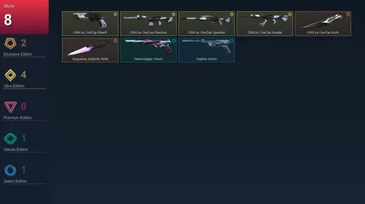 AP | ORA by OneTap Knife | Singularity Butterfly Knife | ORA by OneTap Sheriff | ORA by OneTap Phantom | 8 Skin | 28 Agent | 49 Buddy | Lv116 — Valorant account