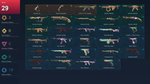 AP | Genesis Arc | Velocity Karambit | RGX 11z Pro Vandal | Velocity Bulldog | 29 Skin | 19 Agent | 50 Buddy | Lv75