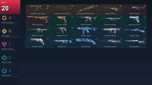 BR | Champions 2025 Vandal | Prelude to Chaos Phantom | Champions 2025 Butterfly Knife | Shellspire Sword | 20 Skin | 25 Agent | 28 Buddy | Lv77