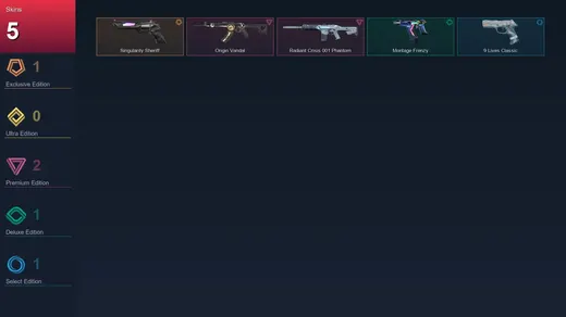 BR | Singularity Sheriff | Origin Vandal | Radiant Crisis 001 Phantom | Montage Frenzy | 5 Skin | 25 Agent | 22 Buddy | Lv76 — Valorant account