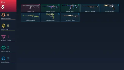 EU | Reaver Vandal | Montage Phantom | Montage Spectre | Stormborne Guardian | 8 Skin | 9 Agent | 10 Buddy | Lv23