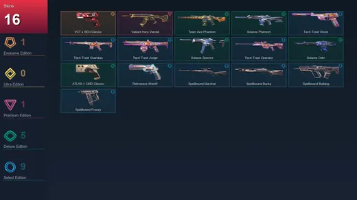 AP | VCT x SEN Classic | Valiant Hero Vandal | Team Ace Phantom | Solarex Phantom | 16 Skin | 27 Agent | 51 Buddy | Lv93