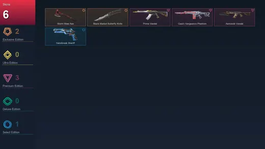 AP | Storm Maw Axe | Black.Market Butterfly Knife | Prime Vandal | Gaia's Vengeance Phantom | 6 Skin | 12 Agent | 18 Buddy | Gold III | Lv44 — Valorant account