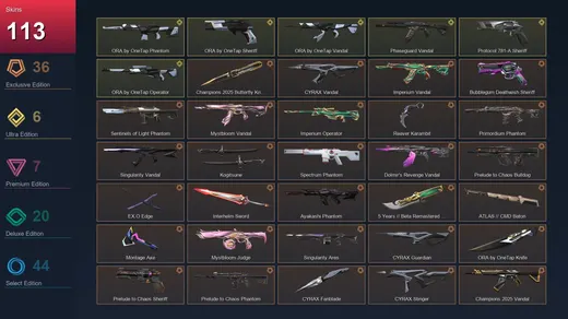 EU | Champions 2025 Butterfly Knife | CYRAX Vandal | Imperium Vandal | 113 Skin | 28 Agent | 70 Buddy | Lv100 — Valorant account