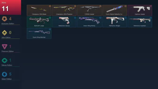 EU | Champions 2024 Blade | Champions 2024 Phantom | CYRAX Vandal | Yoru's Stylish Butterfly Comb | 11 Skin | 11 Agent | 17 Buddy | Gold I | Lv34
