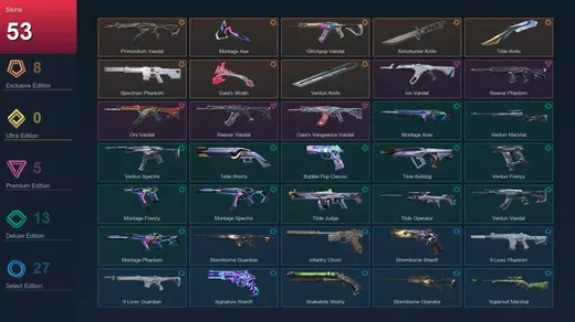 EU | Primordium Vandal | Montage Axe | Glitchpop Vandal | Xenohunter Knife | 53 Skin | 27 Agent | 76 Buddy | Gold I | Lv131 — Valorant account